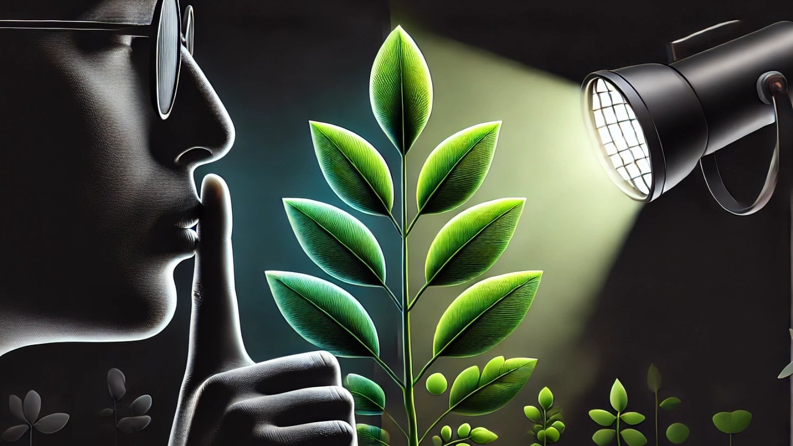 Greenhushing vs ecospotlight a plant is growing while under a spotlight and being hushed.